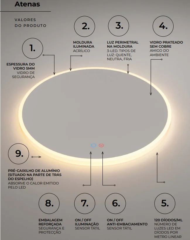 Espelho Atenas Ø80cm Anti-embaçiamento e Luz Ledimex - Image 2