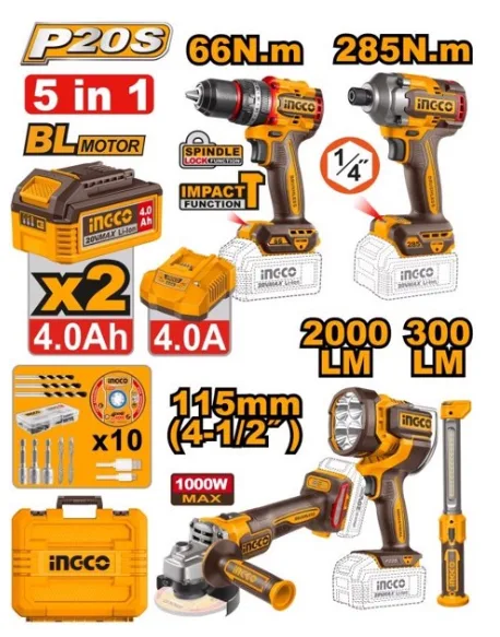 INGCO Pack Combo 5 Ferramentas 20V COSLI250692E